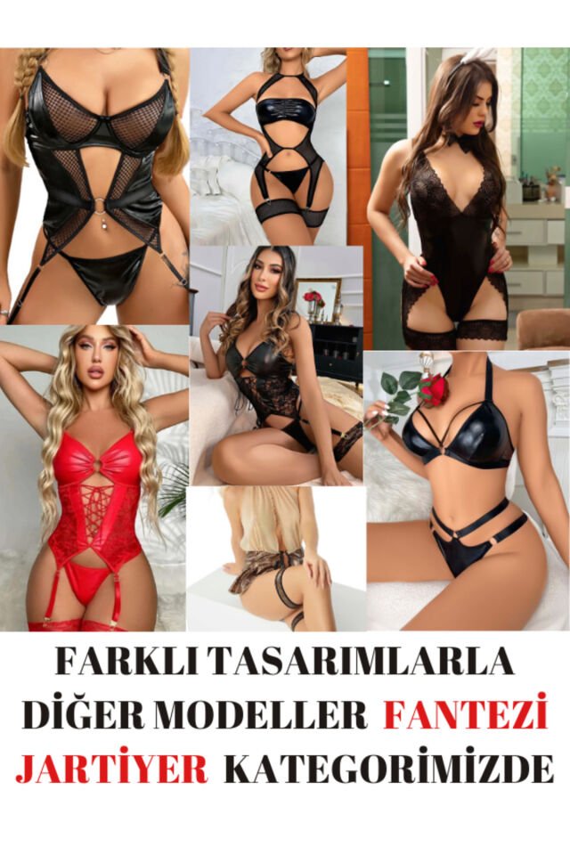 KULAKLIKLI PARLAK DERİ GÖRÜNÜMLÜ FANTEZİ KOSTÜM, ÇAPRAZ ŞERİTLİ  SÜTYEN VE MİNİ ETEKLİ KOSTÜM.