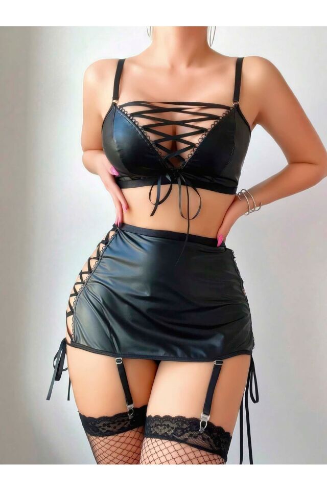 kadın seksi fantezi kostüm, fileli çoraplı deri görünümlü kadın fantezi kostüm